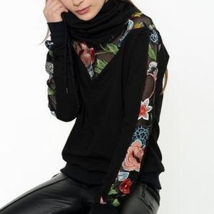 black and floral cowl neck sweatshirt w/mesh sleeve and neck detail
